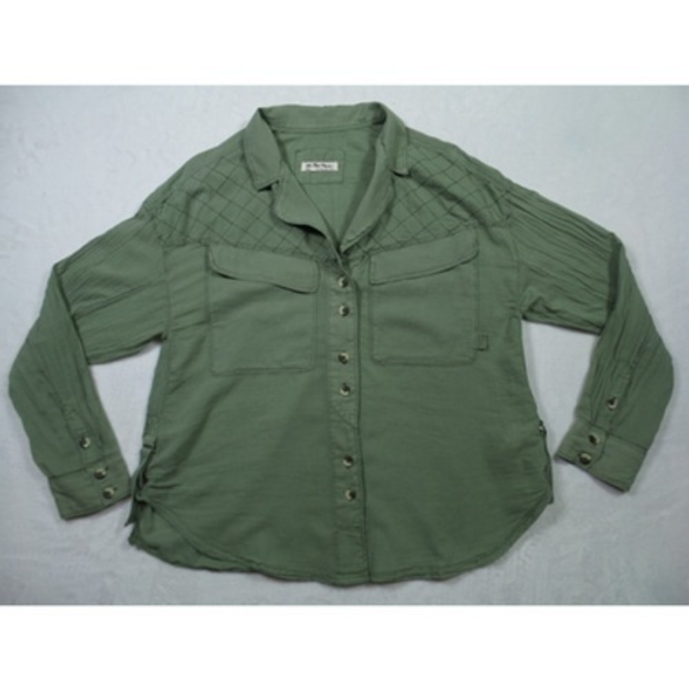 We The Free Top Womens Small Green Button Up Long Sleeve Silver Lining Shirt